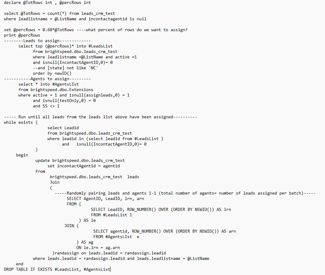 Screenshot of Stored Procedure for Assigning Agents